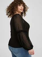 Ribbed Chiffon Balloon Sleeve Top