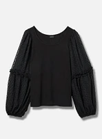 Ribbed Chiffon Balloon Sleeve Top