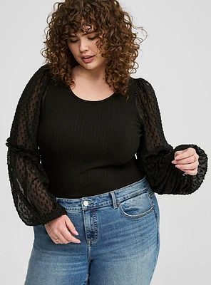 Ribbed Chiffon Balloon Sleeve Top