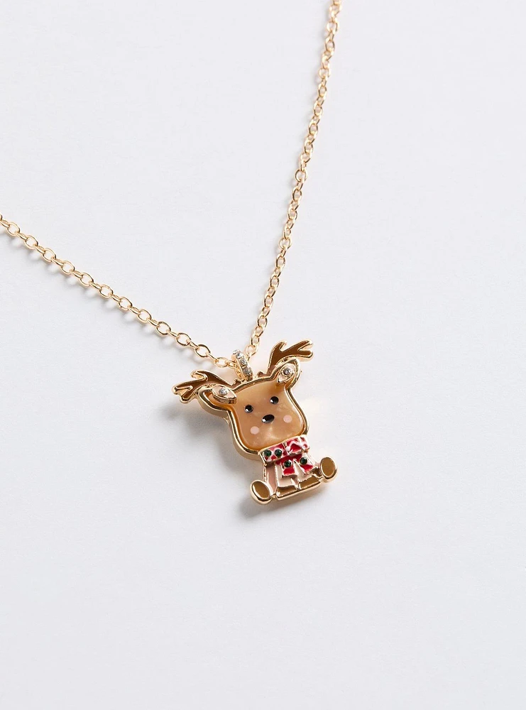 Reindeer and Bow Necklace And Stud Set