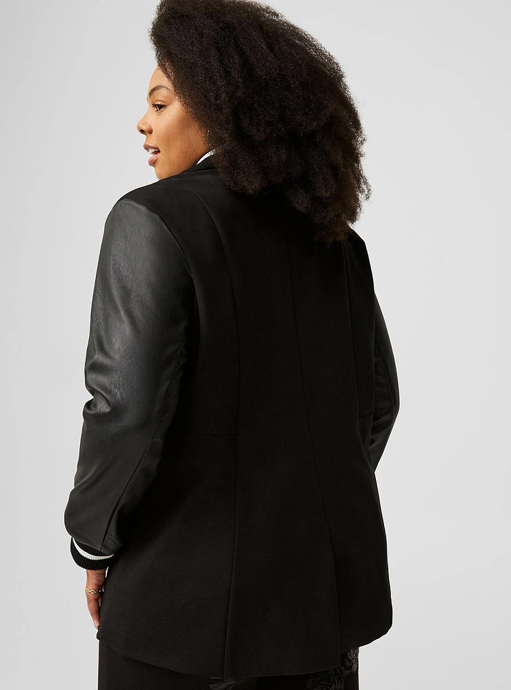 Faux Leather Sleeve Varsity Blazer