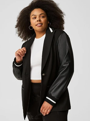 Faux Leather Sleeve Varsity Blazer