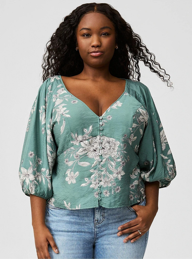 Button Front V-Neck Crop Blouse