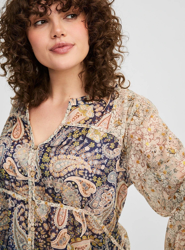 Mixed Print Long Sleeve Blouse