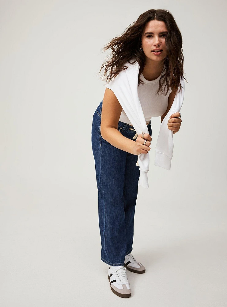 Wide Leg Mid-Rise Rigid Drapey Denim Jean