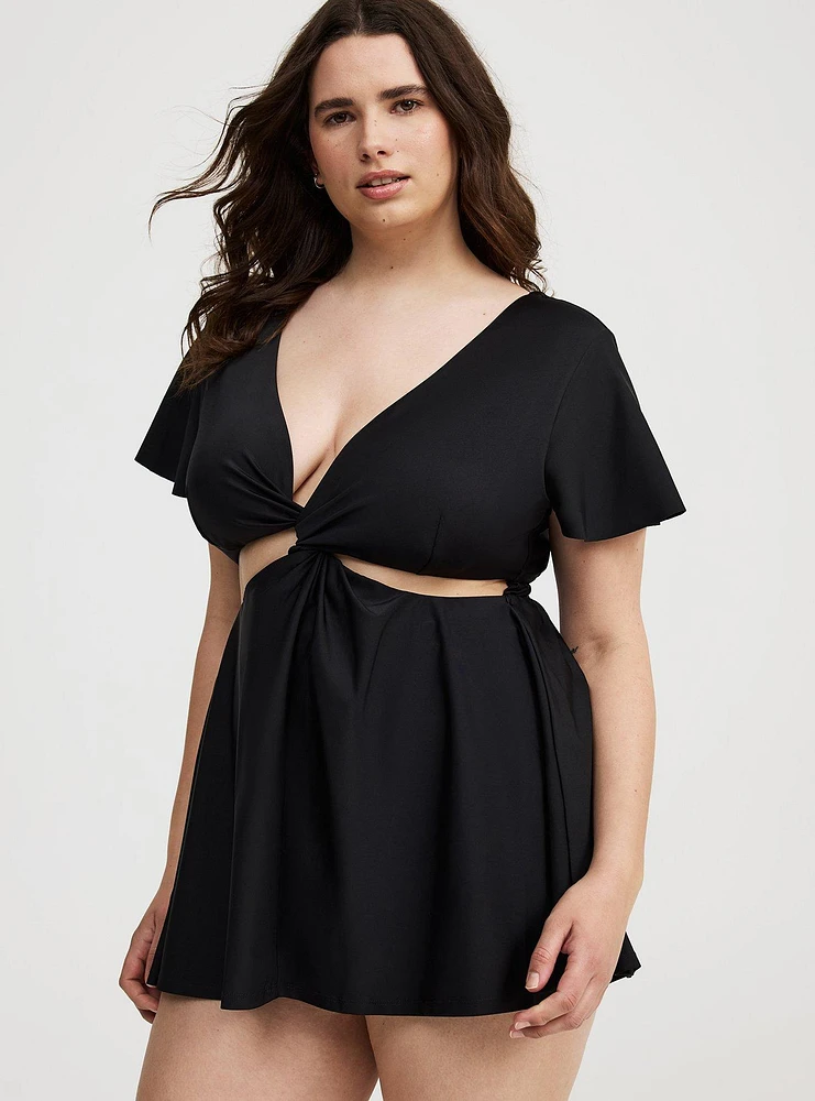 Wire-Free Flutter-Sleeve Cut-Out Swim Dress