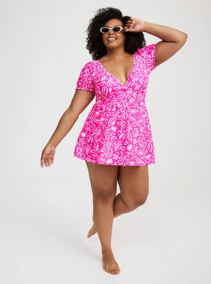 Retro Wire-Free Puff-Sleeve Swim Dress