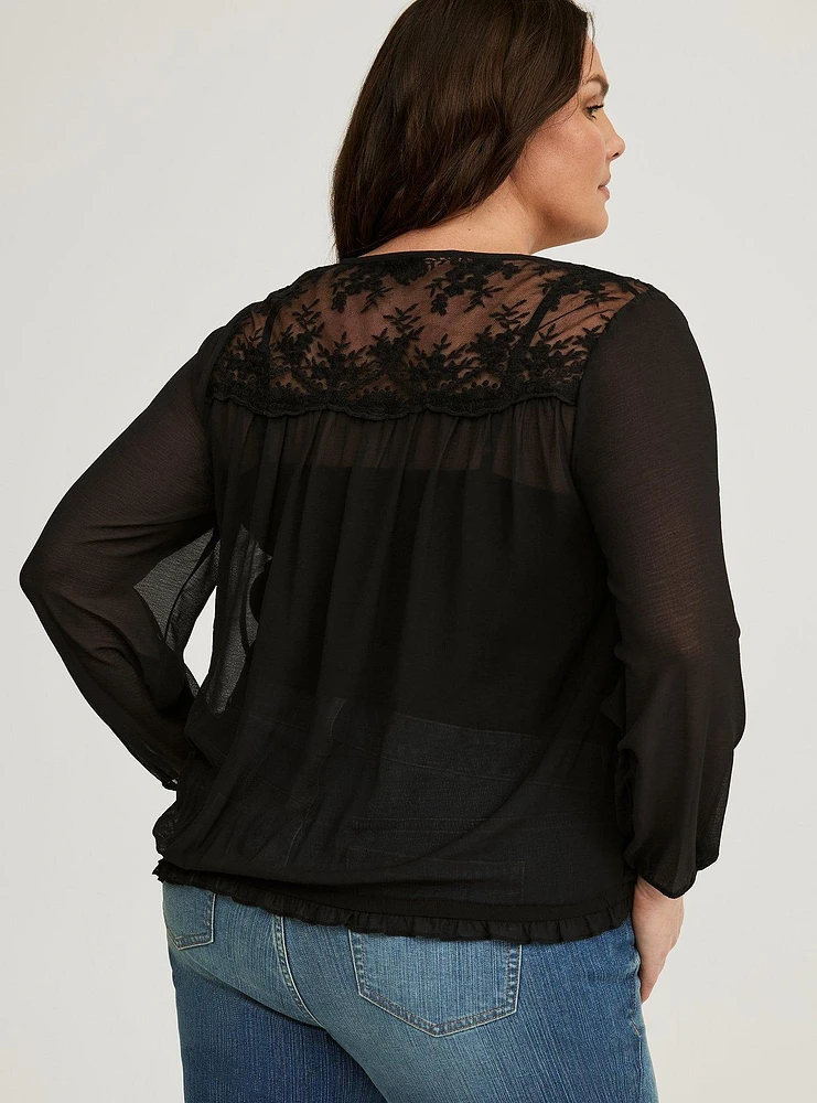 Embroidered Tie-Front Blouse