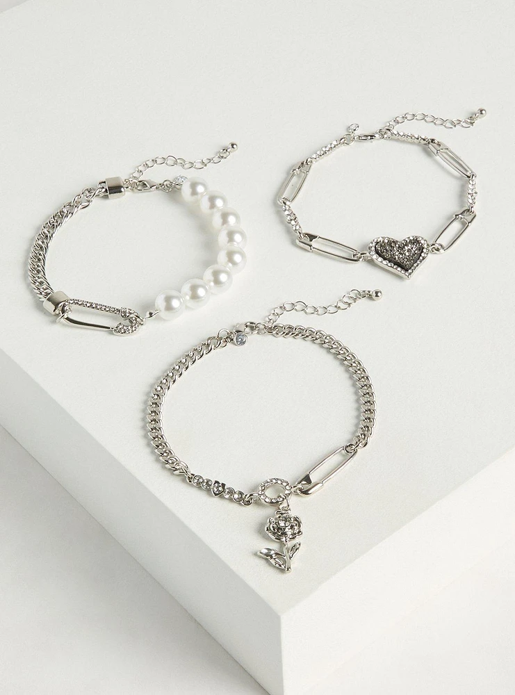 Pave Heart Pearl Bracelet Set