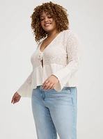 POINTELLE RUFFLE HEM TIE FRONT CARDIGAN