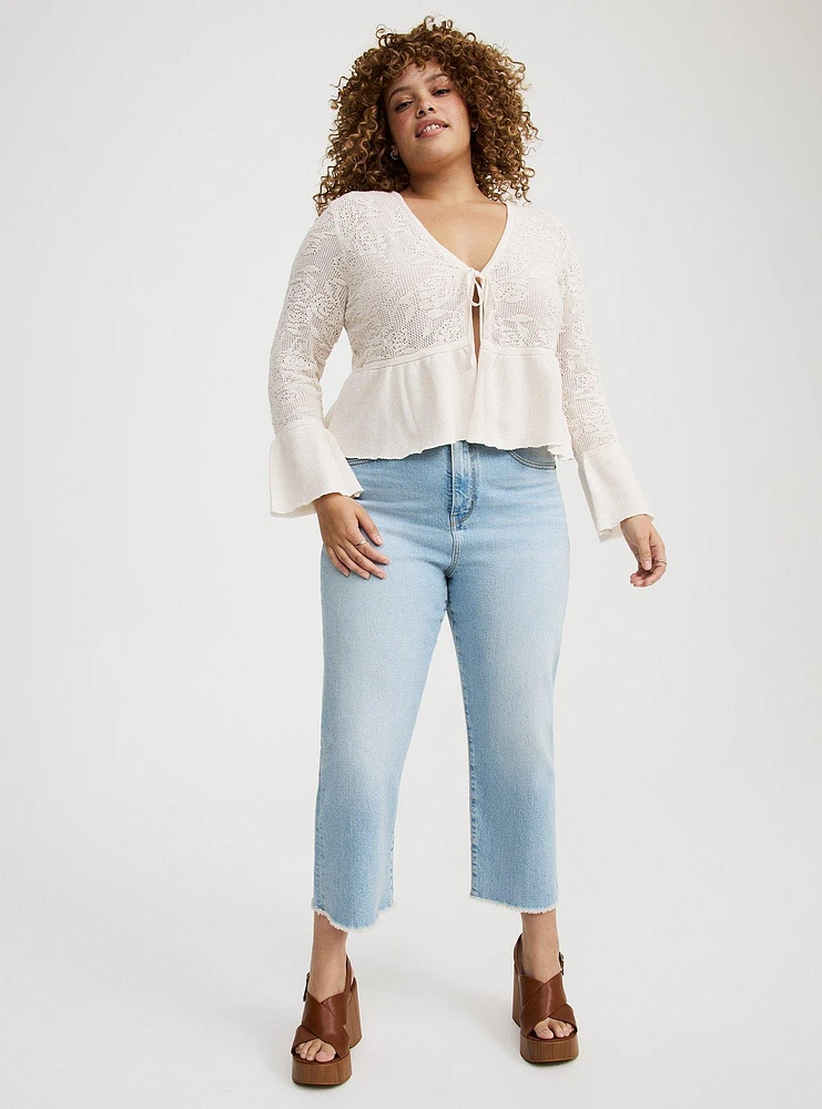 POINTELLE RUFFLE HEM TIE FRONT CARDIGAN