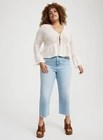 POINTELLE RUFFLE HEM TIE FRONT CARDIGAN