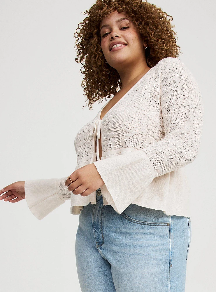 POINTELLE RUFFLE HEM TIE FRONT CARDIGAN