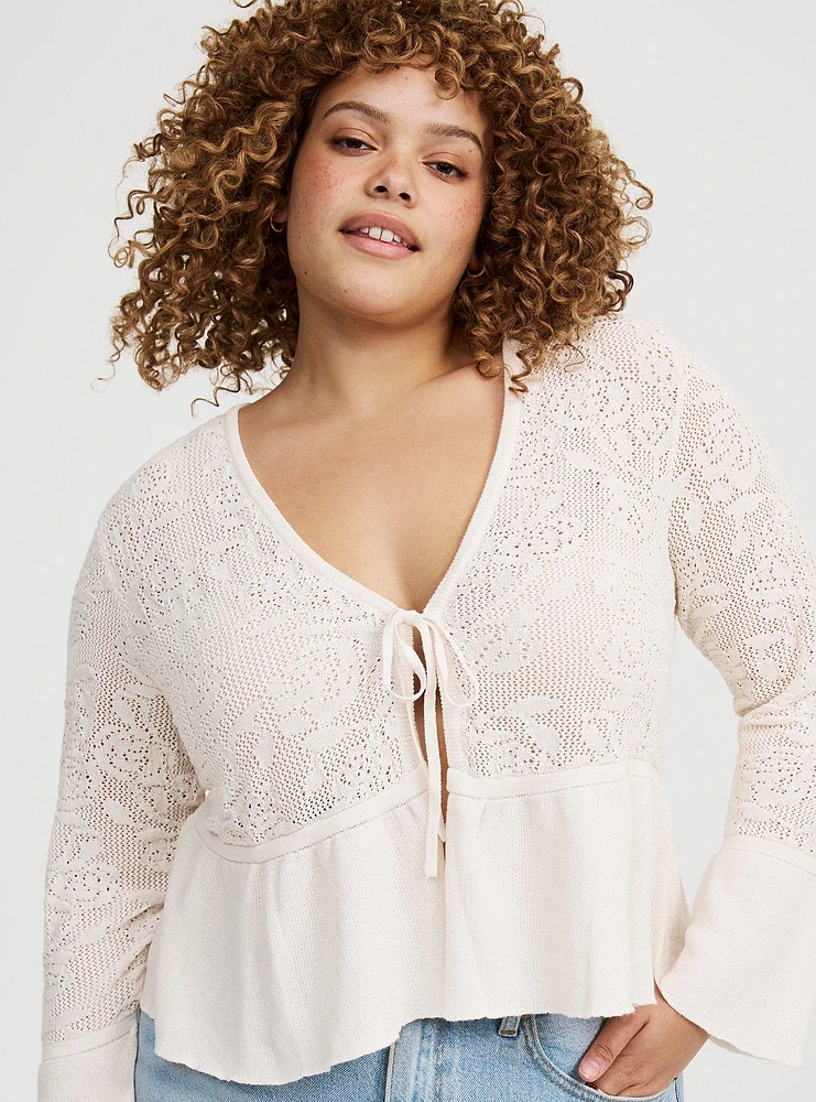POINTELLE RUFFLE HEM TIE FRONT CARDIGAN