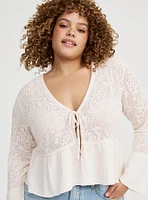 POINTELLE RUFFLE HEM TIE FRONT CARDIGAN