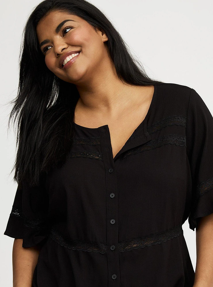 Lace Inset Button Front Top