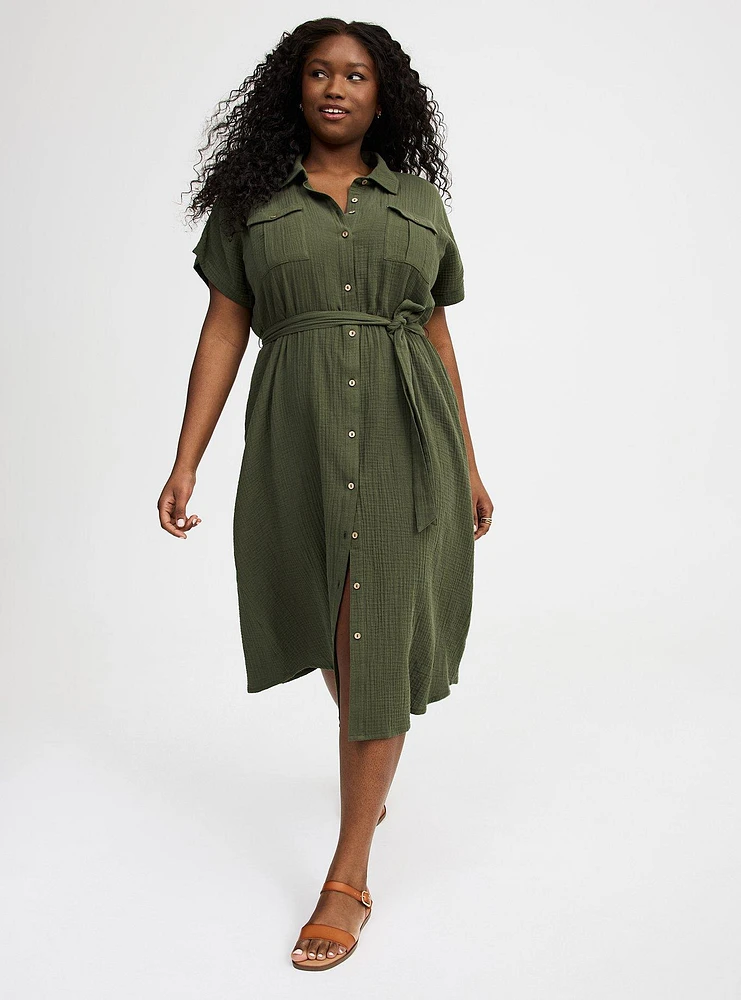 Midi Double Pucker Gauze Shirt Dress