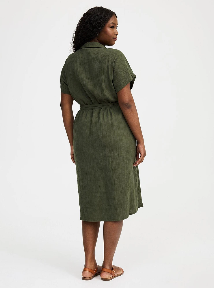 Midi Double Pucker Gauze Shirt Dress
