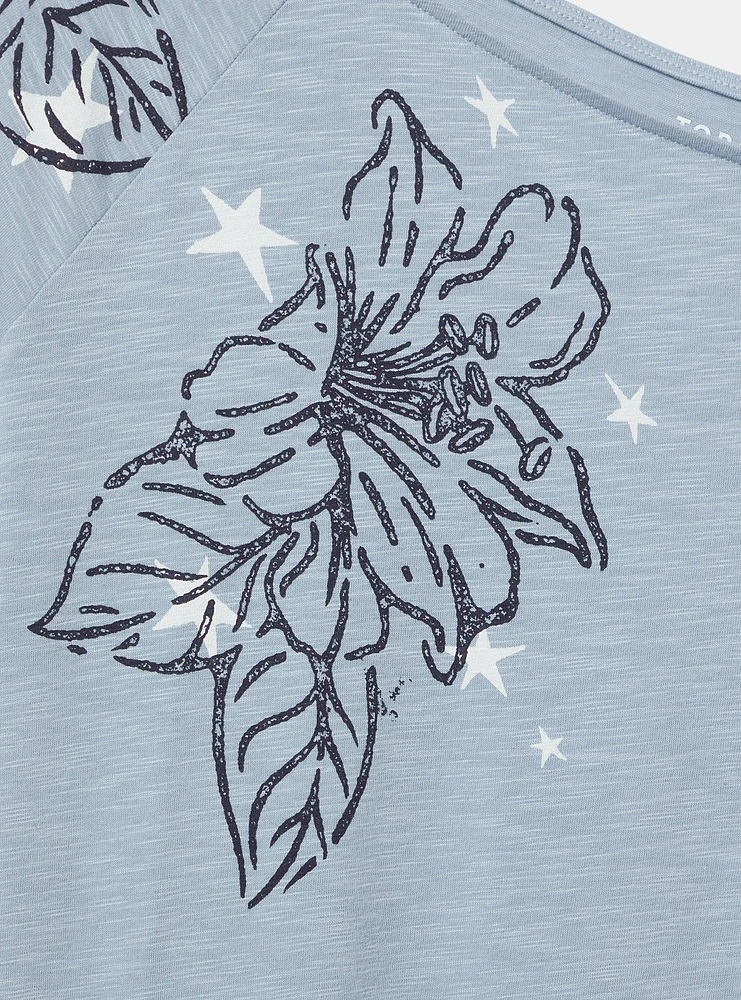 Stamp Flower Cotton Off-Shoulder Tee