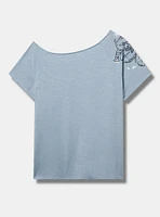 Stamp Flower Cotton Off-Shoulder Tee