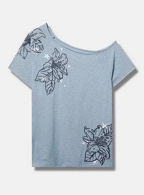 Stamp Flower Cotton Off-Shoulder Tee