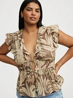 Ruffle V-Neck Tie Front Blouse