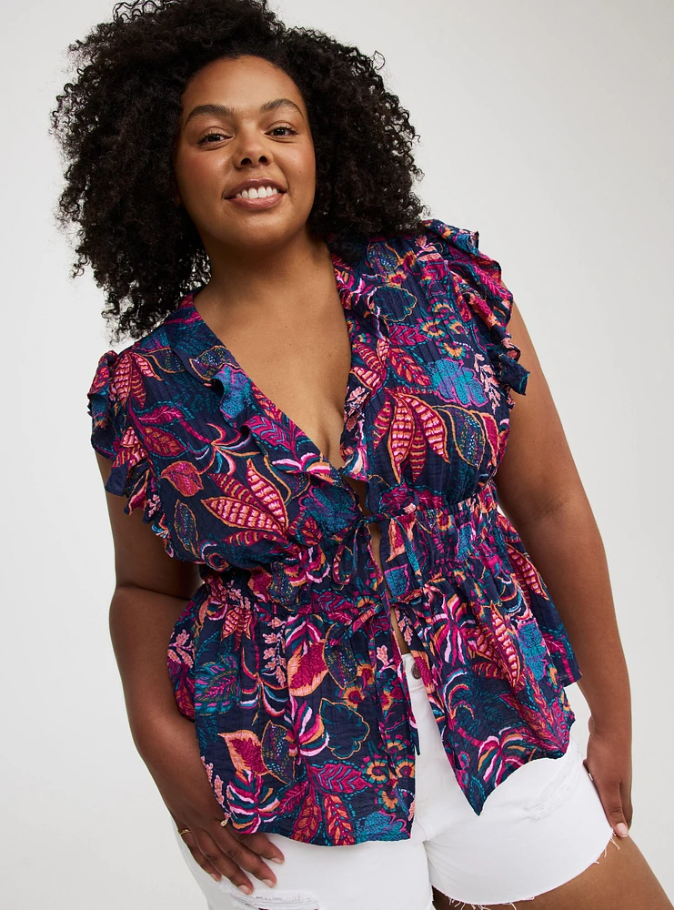 Ruffle V-Neck Tie Front Blouse