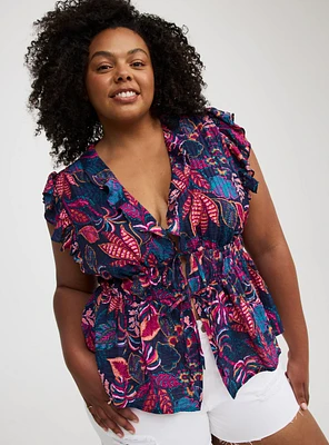 Ruffle V-Neck Tie Front Blouse