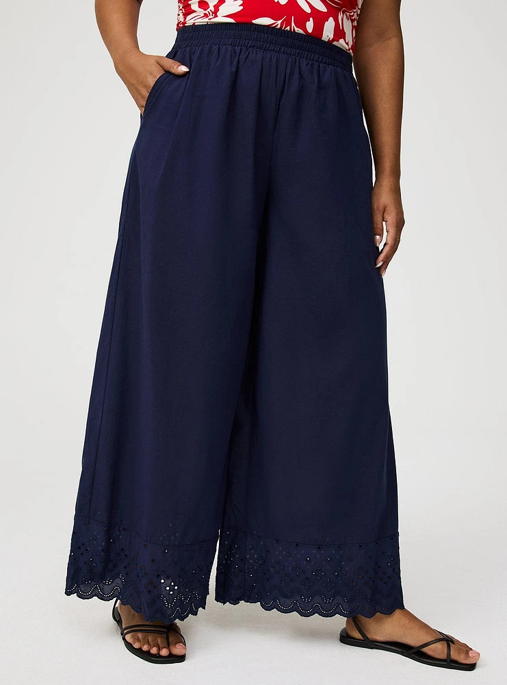 Pull-On Wide-Leg Embroidered Pant
