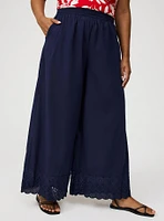 Pull-On Wide-Leg Embroidered Pant