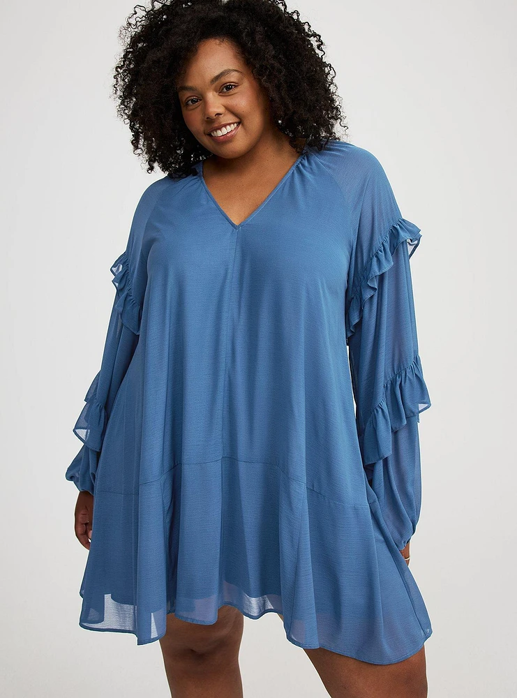 Mini Ruffle Peasant-Sleeve Dress
