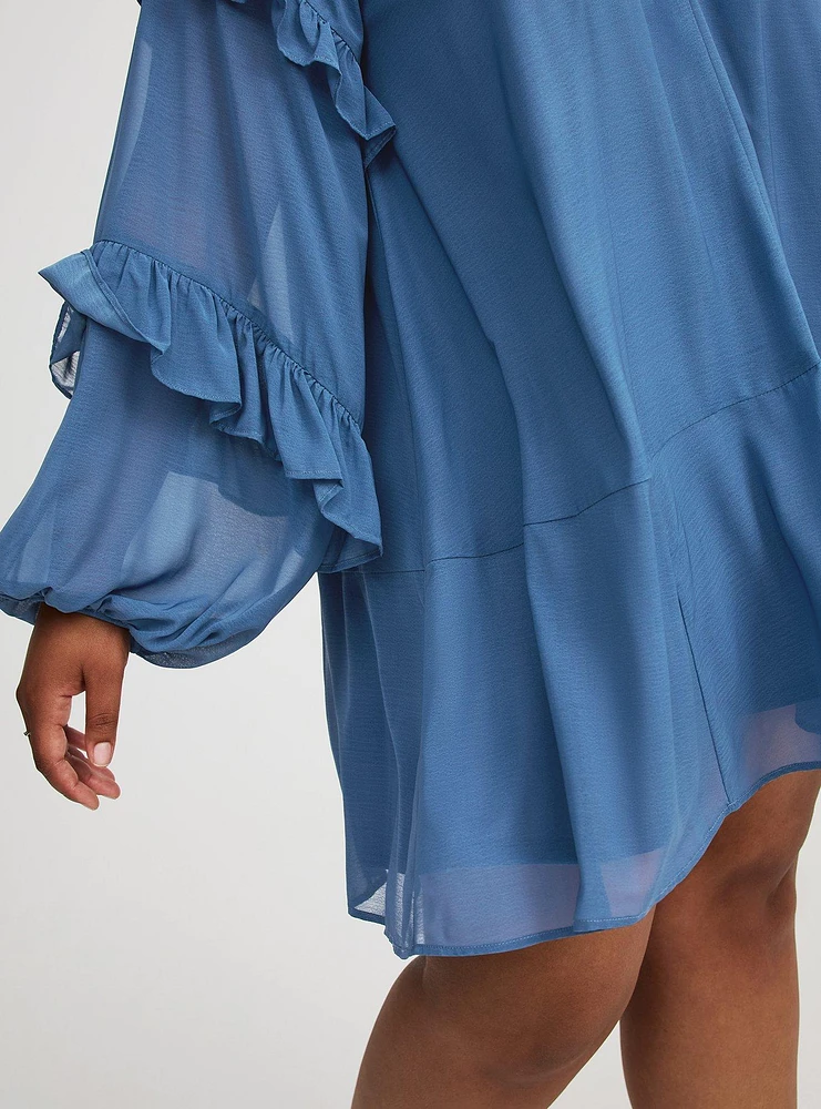 Mini Ruffle Peasant-Sleeve Dress