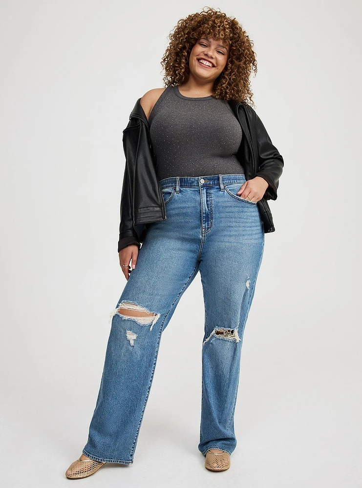 Embroidered High-Neck Rib Tank