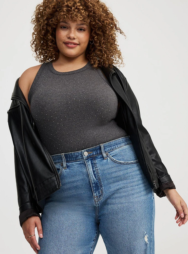 Embroidered High-Neck Rib Tank