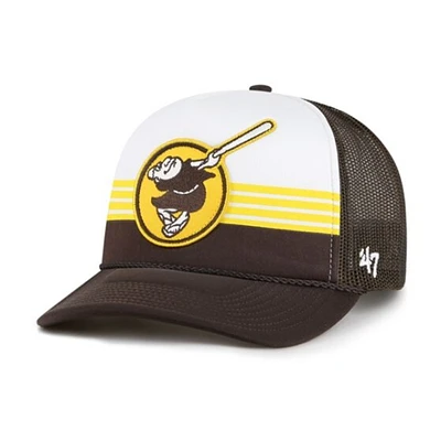 San Diego Padres Mens Brown Lift Off Trucker Hat with Friar and Mesh Back