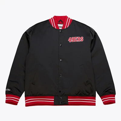 San Francisco 49ers Mens Black Vintage Satin Jacket with Left Chest Logo and Back Patch by Mitchell Ness