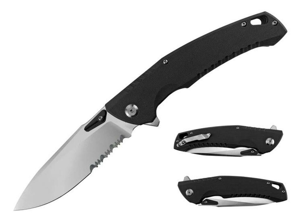 Stec Black G-10 Ball Bearing Flipper Pocket Knife Serrated