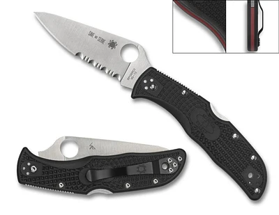 Endela Thin Red Line Black FRN Pocket Knife Serrated (3.40" Satin VG-10) Spyderco C243FPSBKRD