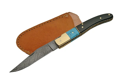 Damascus Horn Turquoise Folding Knife (4" Blade Length)