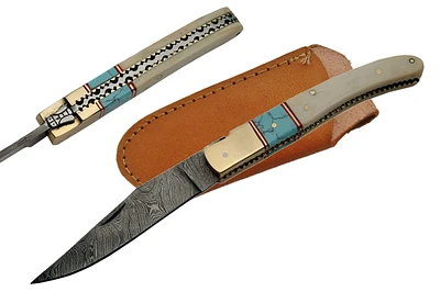 Damascus Bone / Turquoise Folding Knife (4" Blade Length)