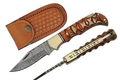 Damascus Twisted Brown & Wood Handle Folding Knife (3" Blade Length