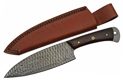 Damascus Hammer Chef Style Knife Rosewood Handle Fixed Blade (10.5" Overall)