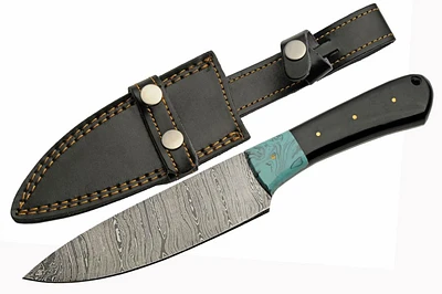 Damascus Small Butcher Knife Turquoise & Horn Handle Fixed Blade (10.75" Overall)