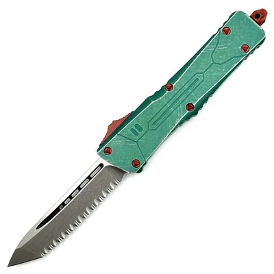 Microtech Bounty Hunter Combat Troodon Green Tanto OTF Knife Full Serrated (3.75" Apocalyptic) Signature Series 144-12BH