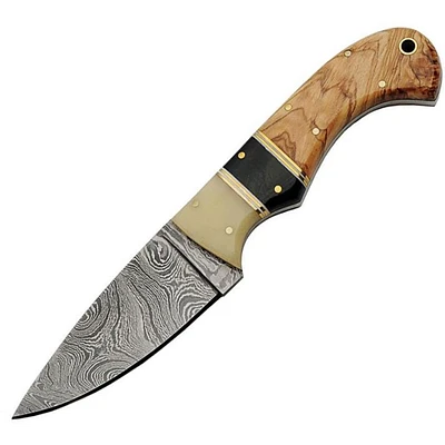 Damascus Skinner White Bone / Olive Wood Handle Fixed Blade (8" Overall)