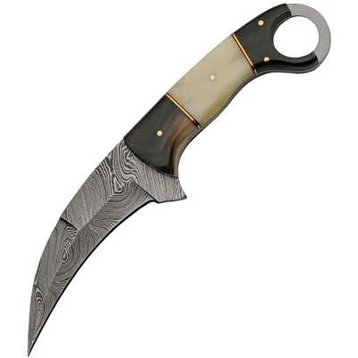 Damascus Karambit Talon Black Horn / White Bone Handle Fixed Blade (9" Overall)