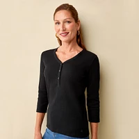 3/4 Sleeve Button V-Neck Tee