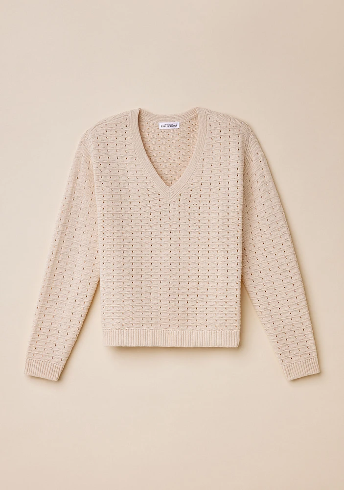 Pointelle Knit V-Neck Sweater