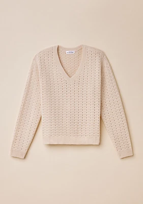 Pointelle Knit V-Neck Sweater