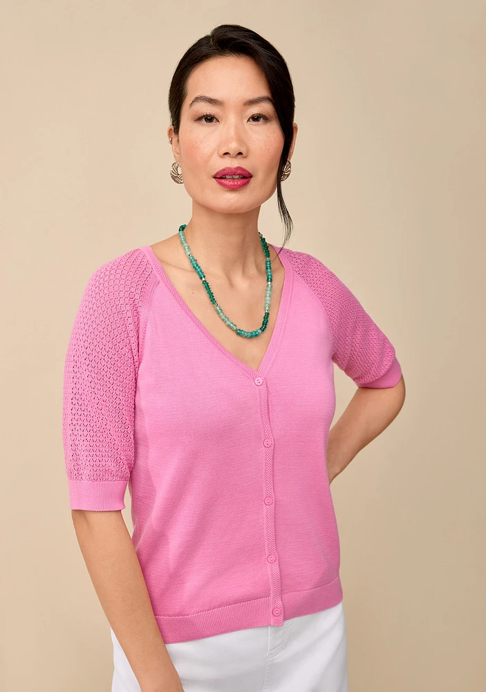 Pointelle Sleeve Button Up Cardigan